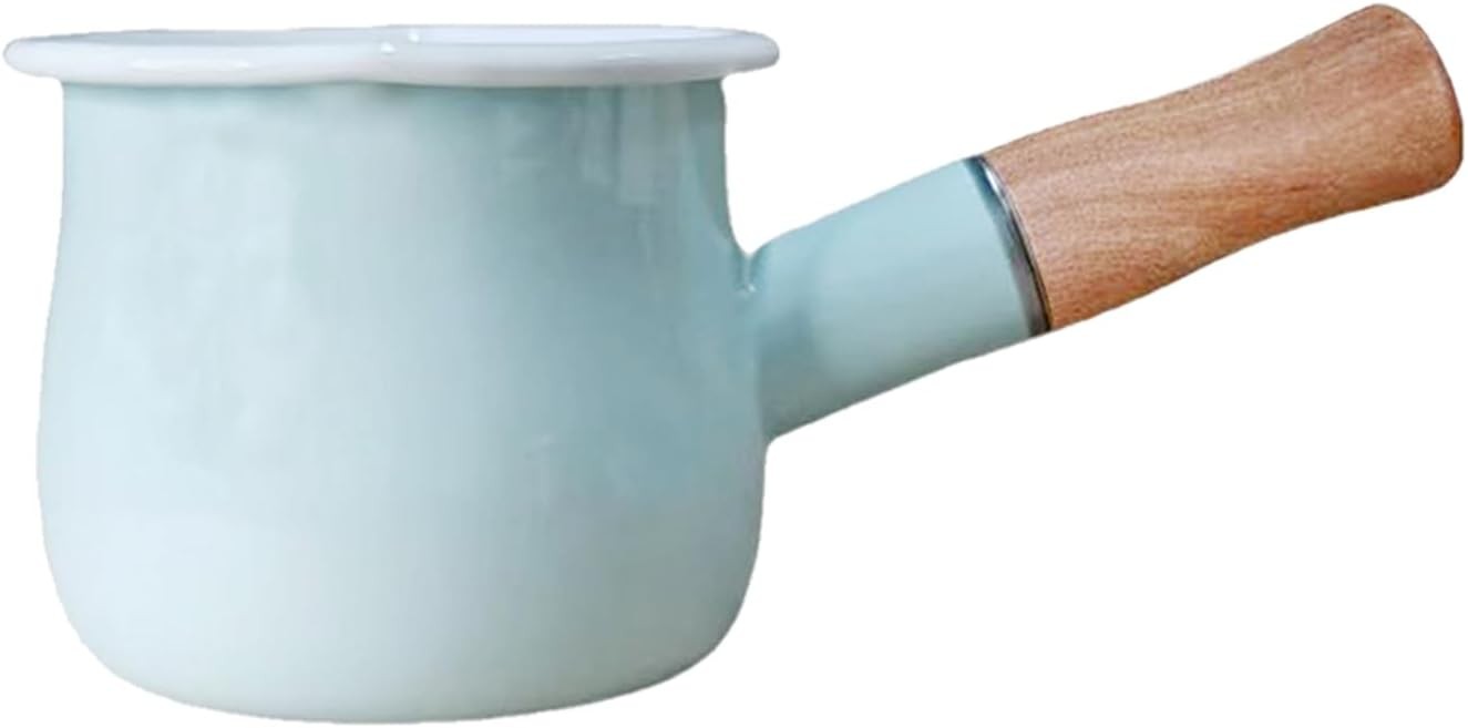 0.6qt Mini Enamel Milk Pot Insulated Wooden Handle 2 Pour Spouts Small Food