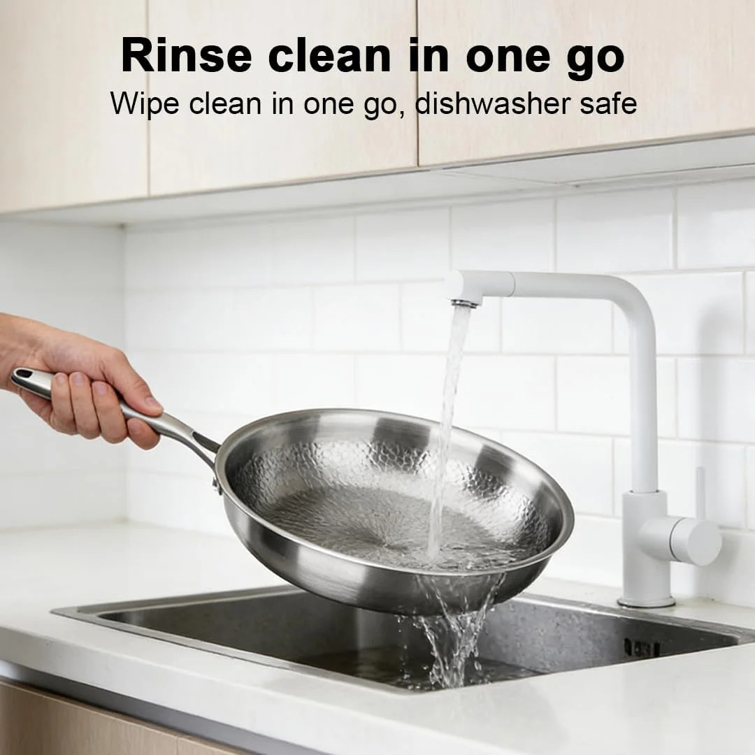 Titanium Frying Pan with Lid, 26cm Professional Stainless Steel Skillet, Nonstic