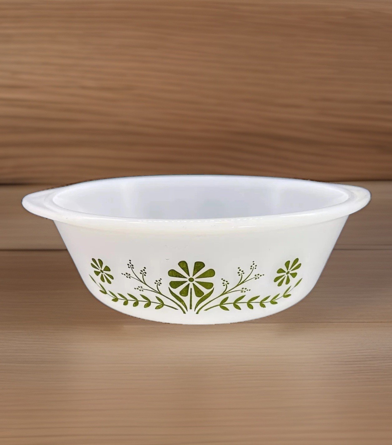 Glasbake Round Casserole Baking Dish 2 Qt Green Daisy Ovenware USA J514 Vintage