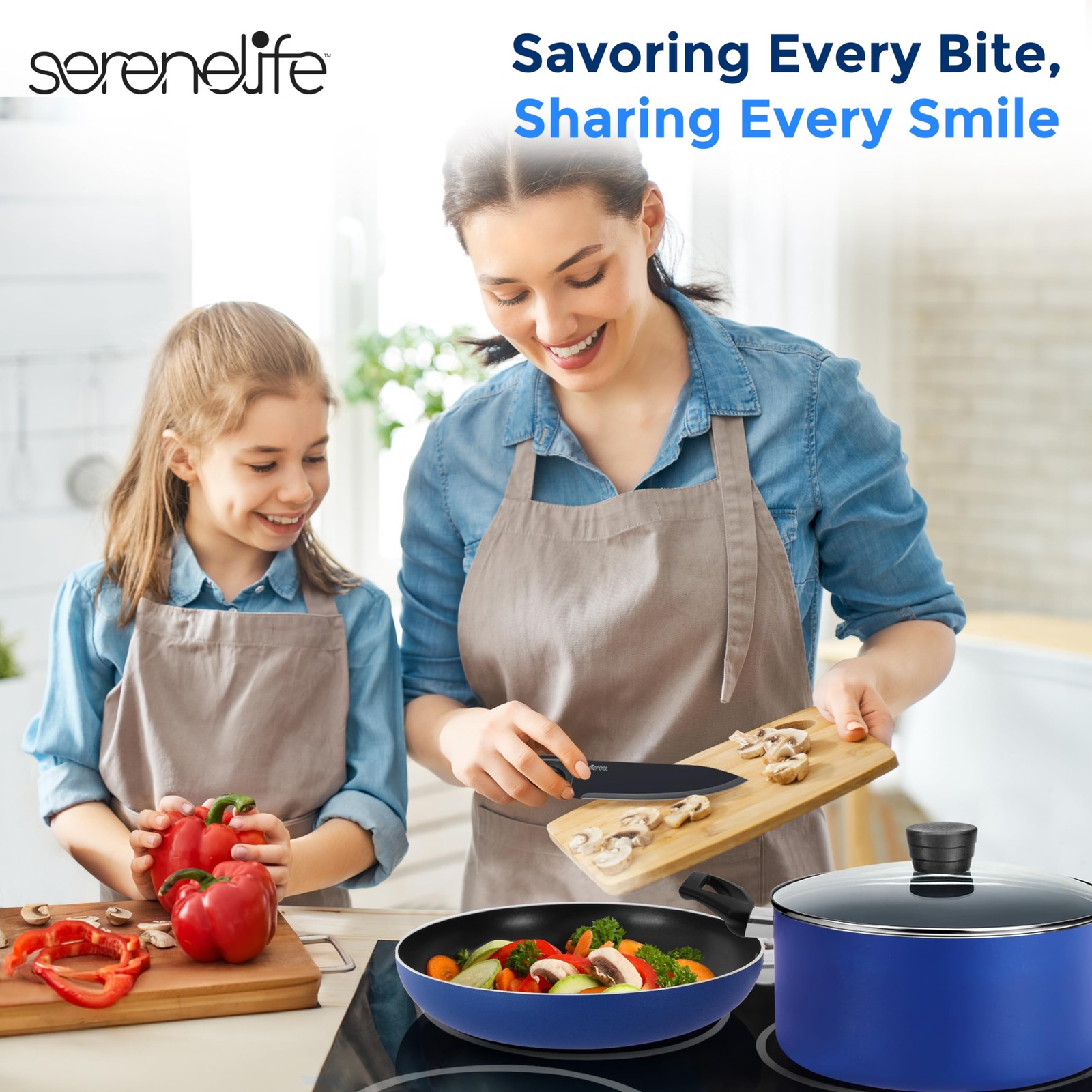 SereneLife 20-Pc Blue Nonstick Cookware Set w/Lids, Utensils & Knives – Dishwash