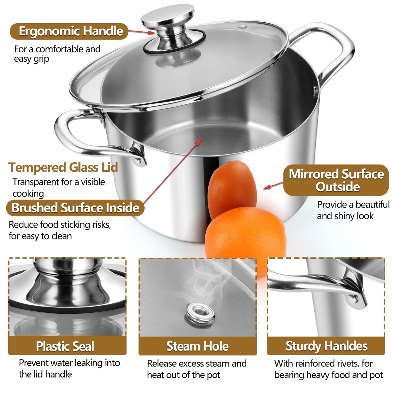 8 Quart Tri-Ply Stainless Steel Stock Pot, 8 Qt Stockpot Pasta Cooking Pot wi…