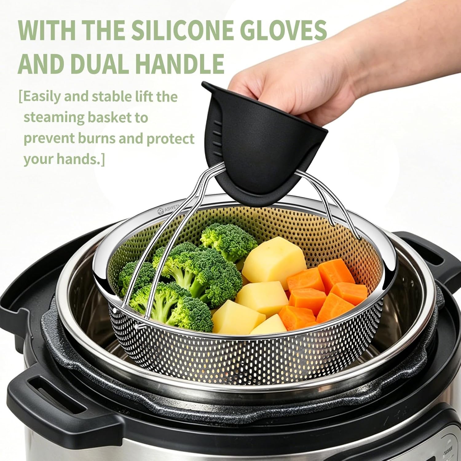 Stainless Steel Steamer Basket with Handle and Glove Diameter 8.66″, Steamer