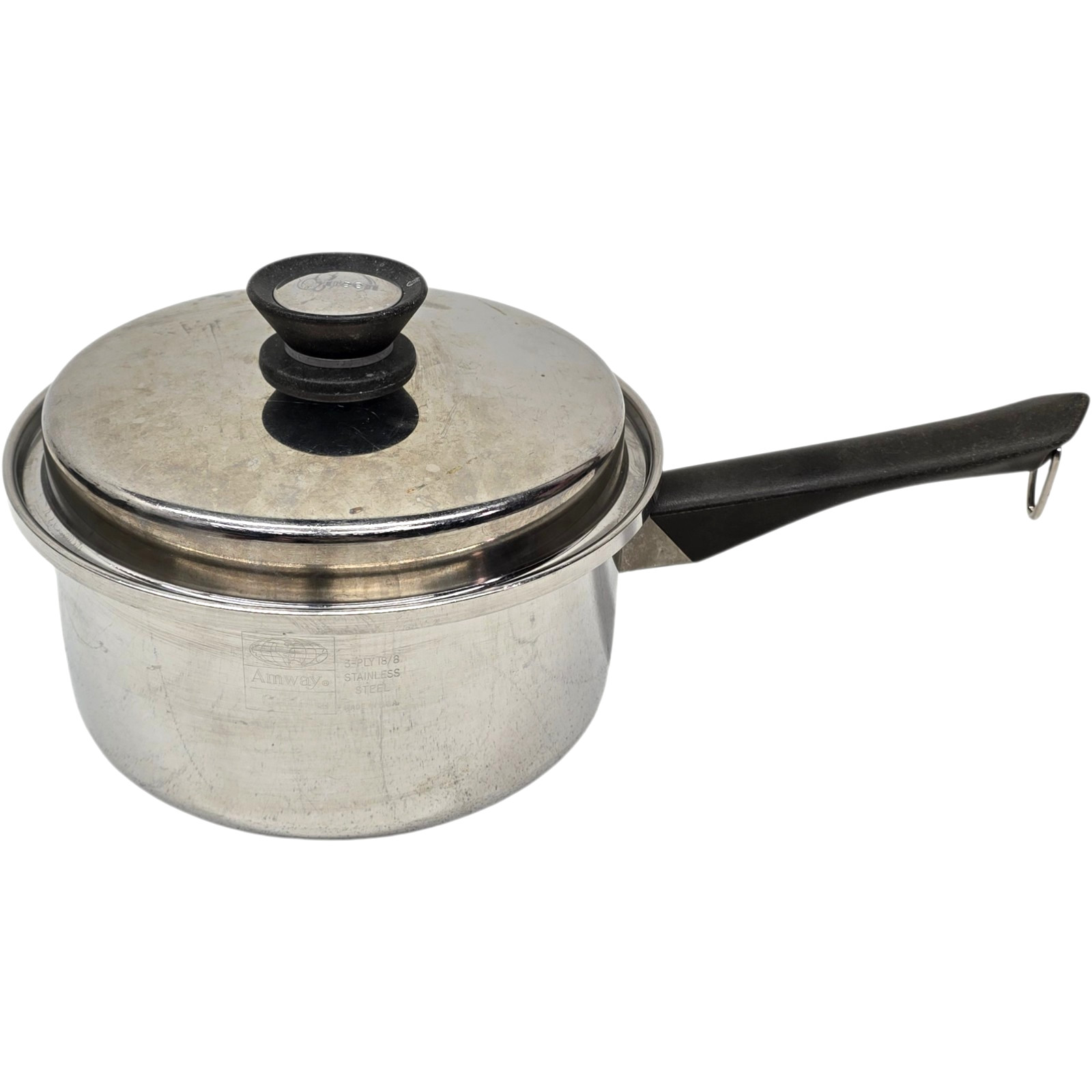 Amway Queen USA 8″ Saucepan Pot 3-Ply 18/8 Stainless Steel Handle Hook Lid