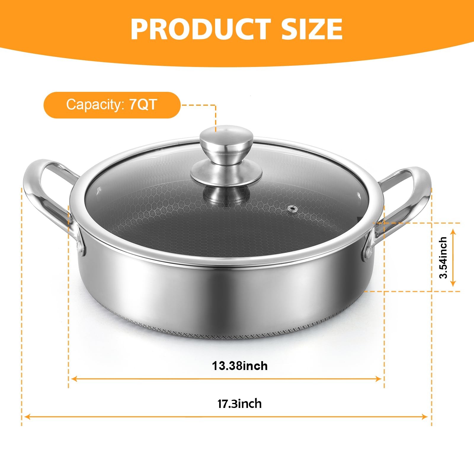 Stainless Steel 7QT Saute Pan 14 Inch Deep Frying Pan with Lid Nonstick,Hybird I