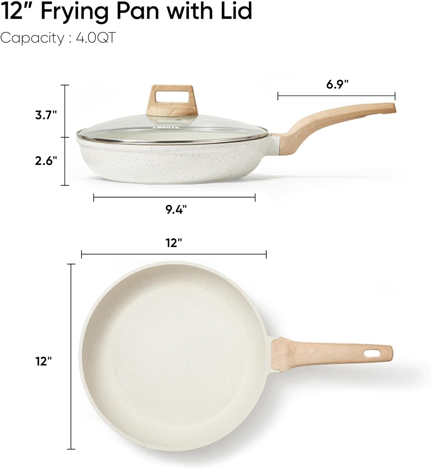 12″ Nonstick Frying Pan with Lid – White Granite Skillet