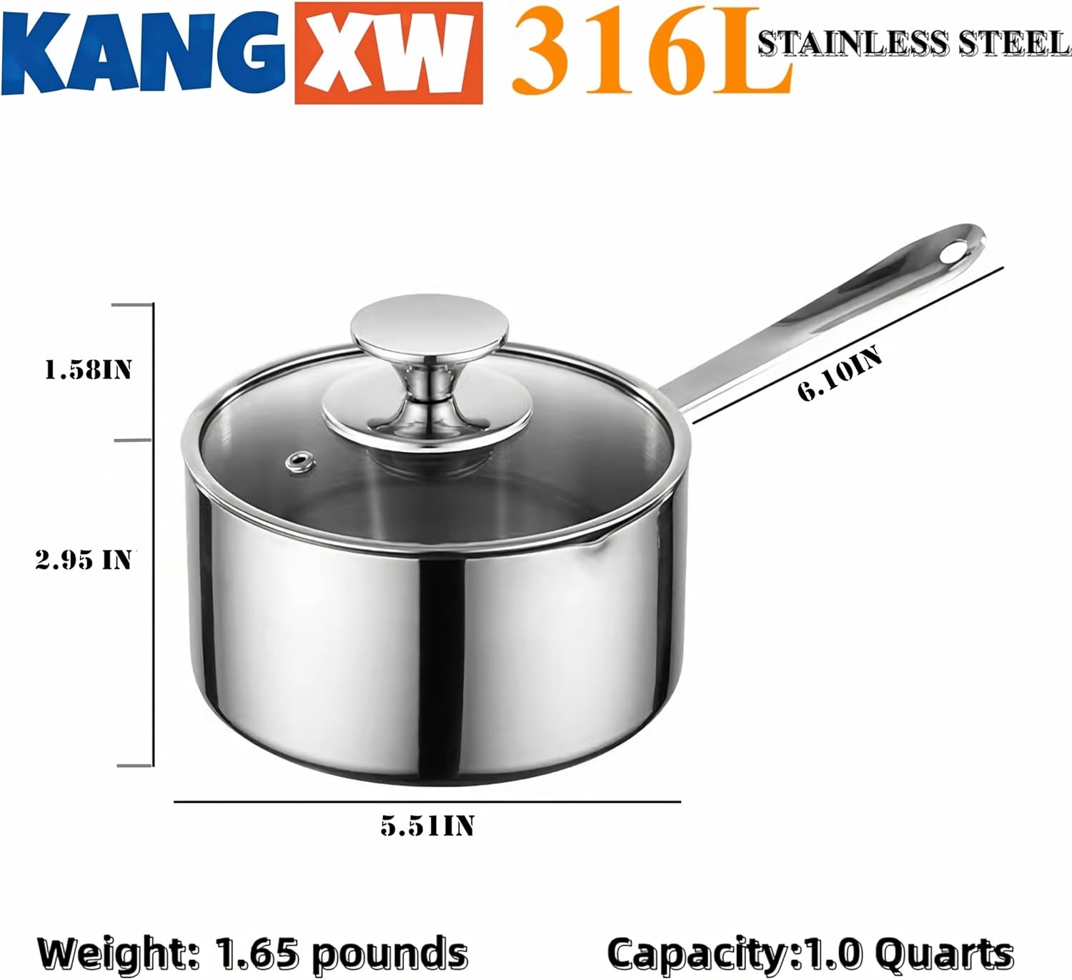 KANGXW 316L Stainless Steel Saucepans, 1.0 Quart Pan, With Pour Spout and Filter