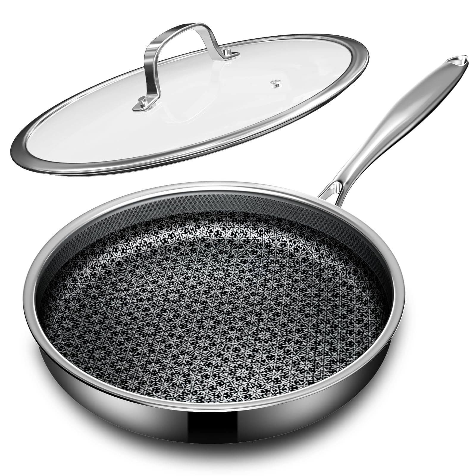 KURRUNGIE Non Stick Frying Pans with lid, 12 inch Hybrid 12-inch, Silver