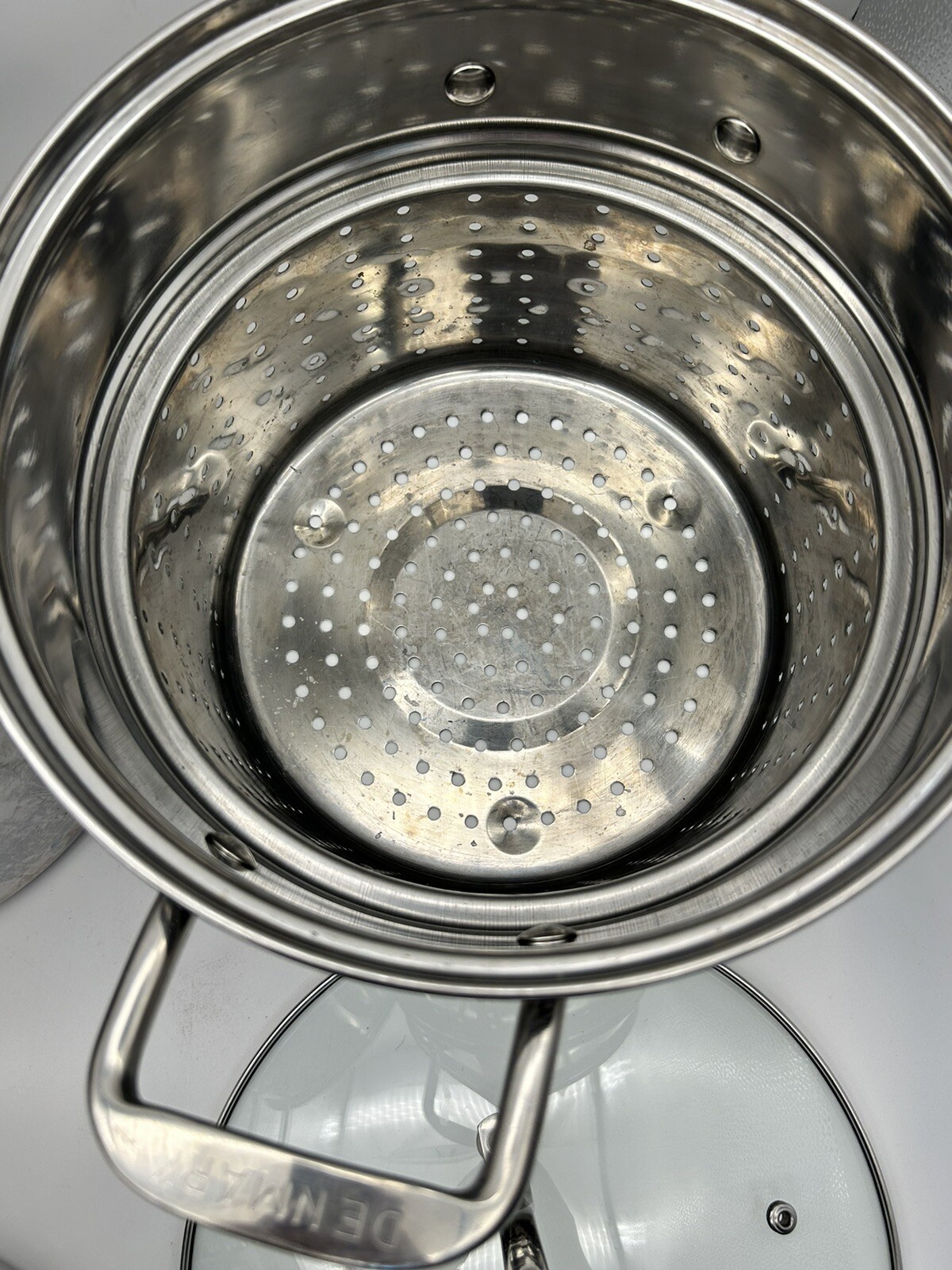 Denmark for Cooks Stainless Stock Pasta pot w/ Strainer steamer glass lid