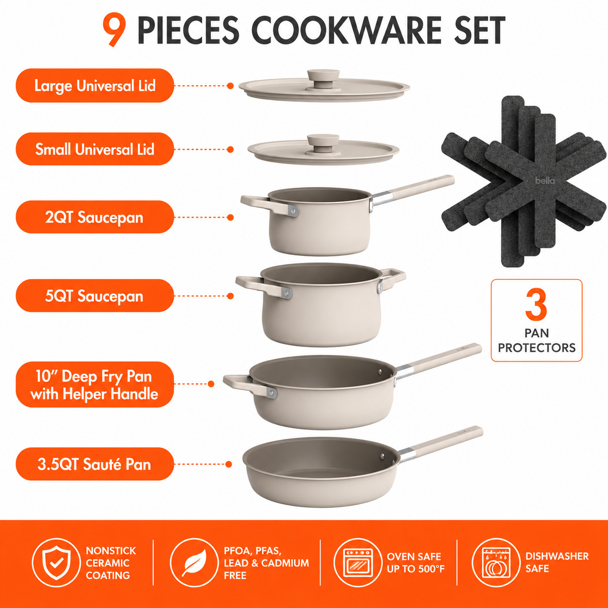 Brand New Bella Ceramic Nonstick 9 Piece Cookware Set Oatmilk