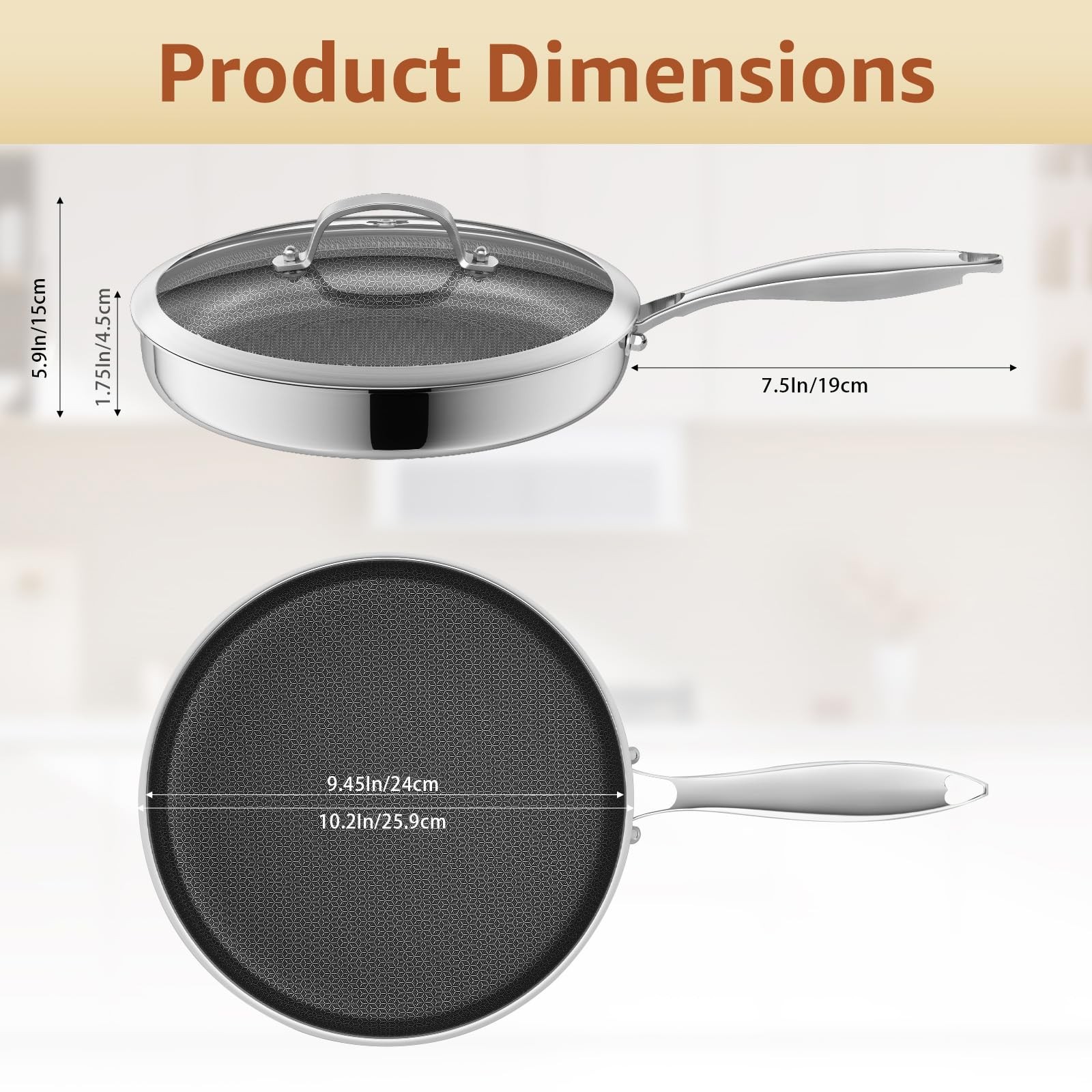 10 In Hybrid Nonstick Stainless Steel Sauté Pan with Lid,Deep Frying Pan,Skillet