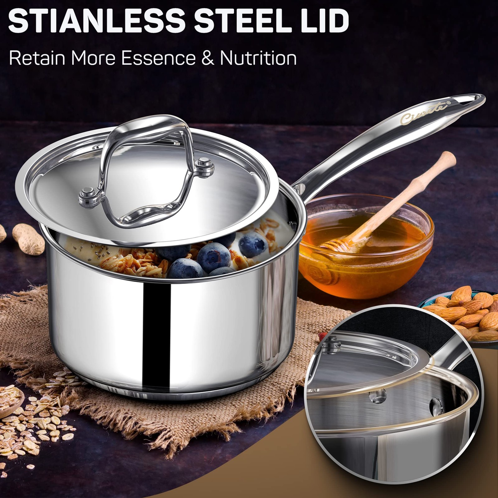 2 Quart Sauce Pan with Lid, Tri Ply Stainless Steel Saucepan 2 Qt with Stainl…