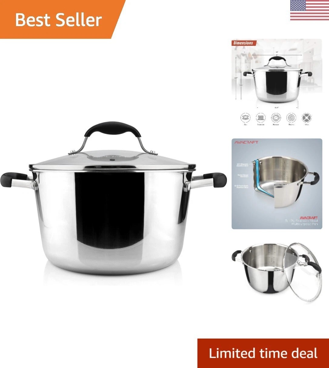 18/10 Tri-ply Stainless Steel Dutch Oven with Lid, Dutch Oven Pot with Lid, B…