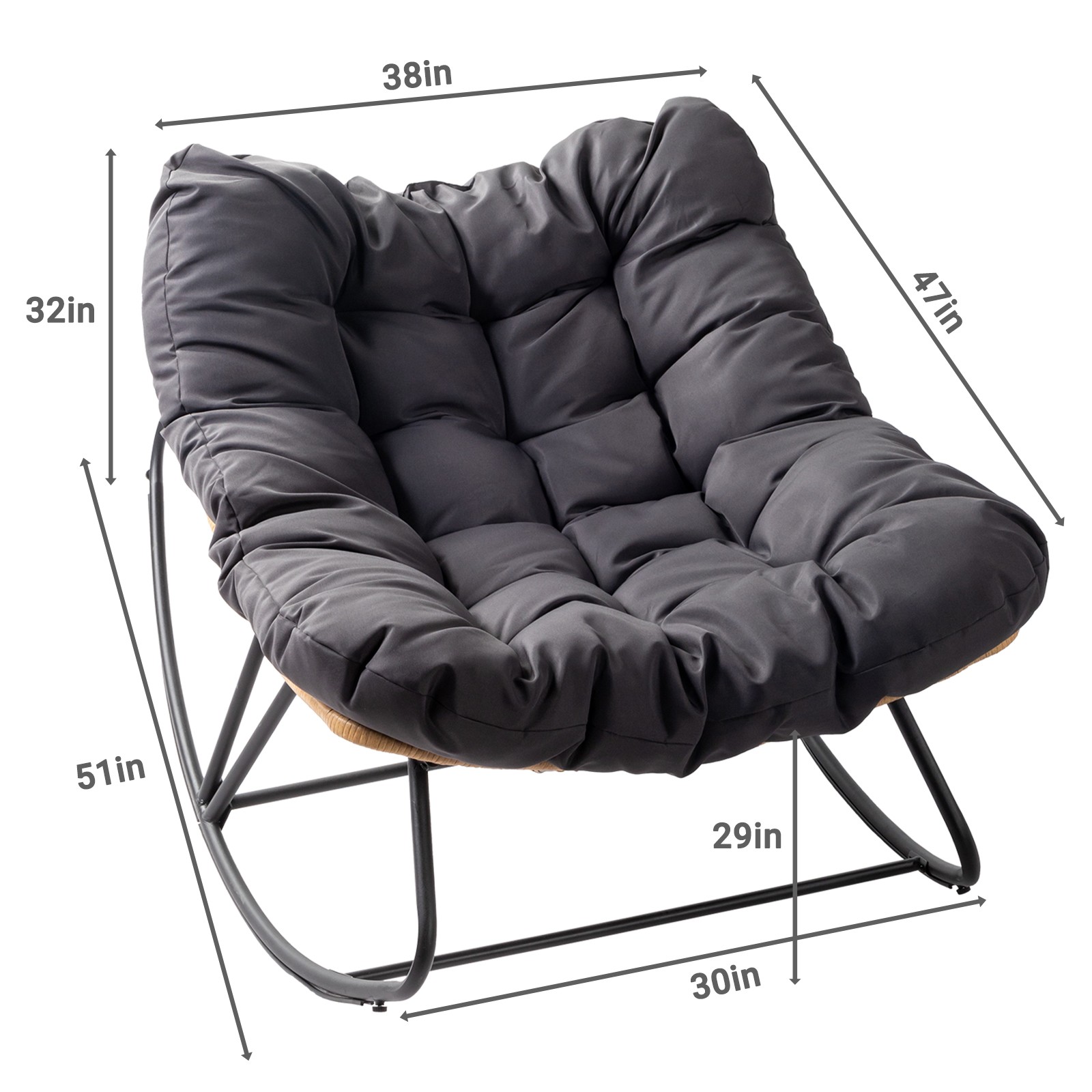 Oversized Papasan Rocking Chair, Patio Lounge Egg Chair, Dark Gray