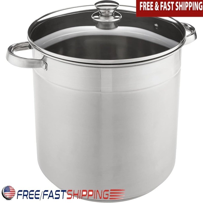 Stainless Steel Cooking Pot W/ Glass Lid Riveted Handles 16Qt Dishwasher Safe US
