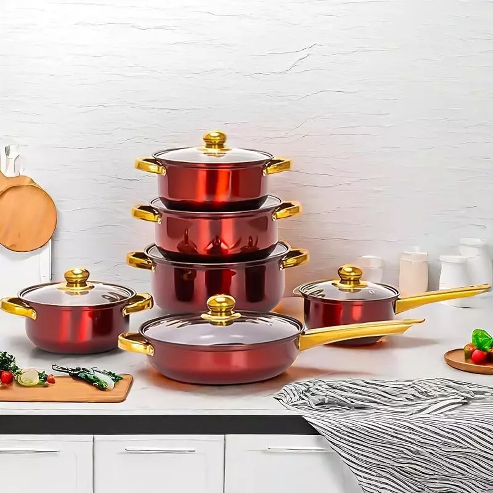 12 Piece Cookware Set Nonstick Pots and Pans Home Kitchen Cooking Non Stick, Red