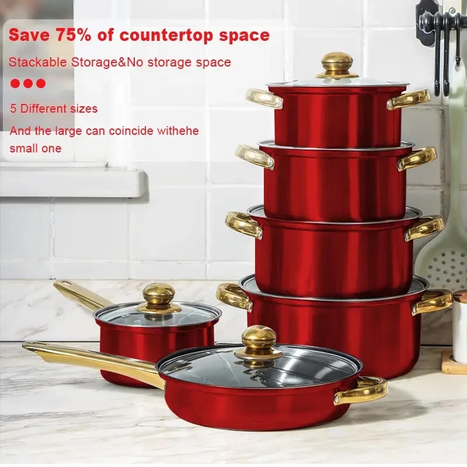 12 Piece Cookware Set Nonstick Pots and Pans Home Kitchen Cooking Non Stick, Red