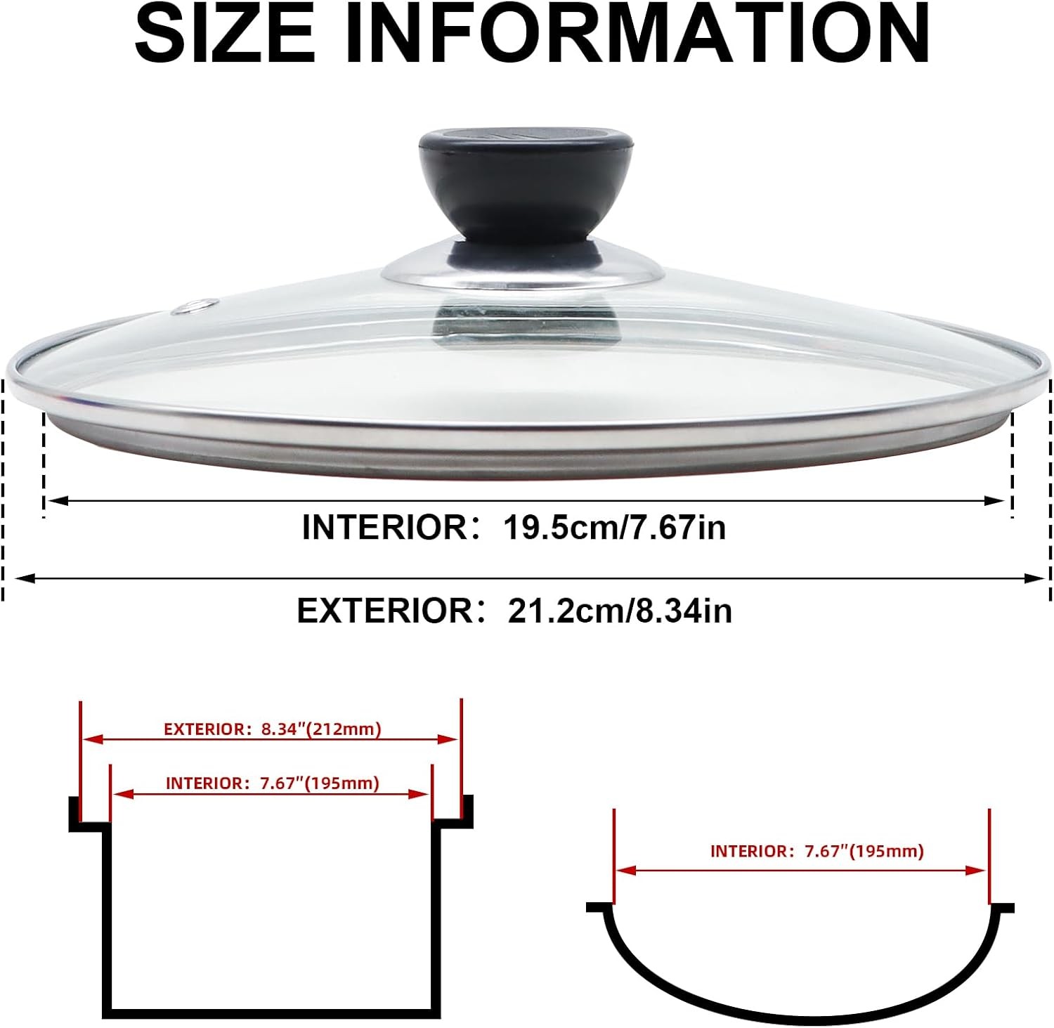 Glass Lid for Frying Pan 8 Inch Tempered Glass Pot Lid Cover with Stainless