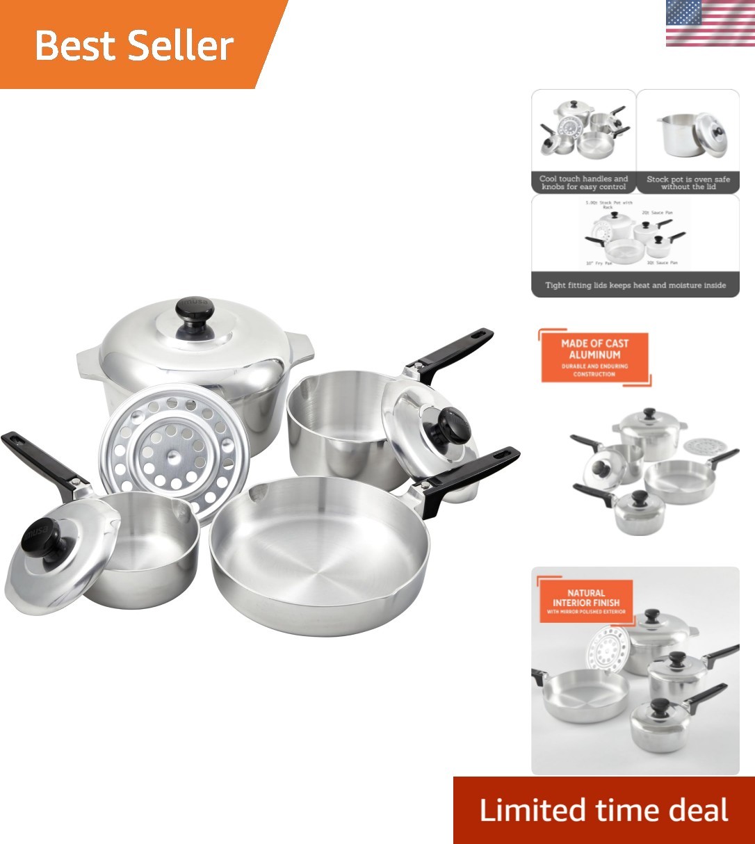 8-Piece Silver Cast Aluminum Cookware Set with Bakelite Handles for Efficiency