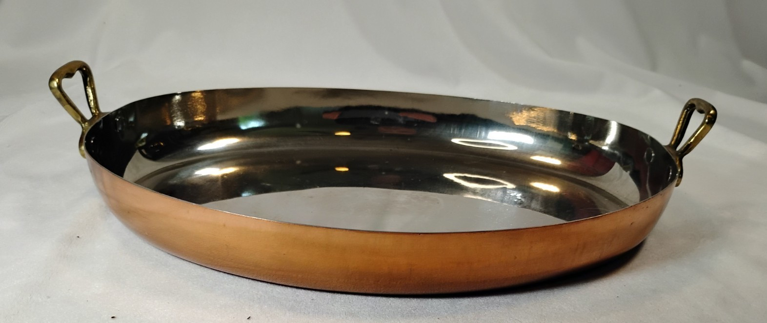 French Style Copper Cookware Au Gratin Pan Brass Oval 12.5″ Stainless