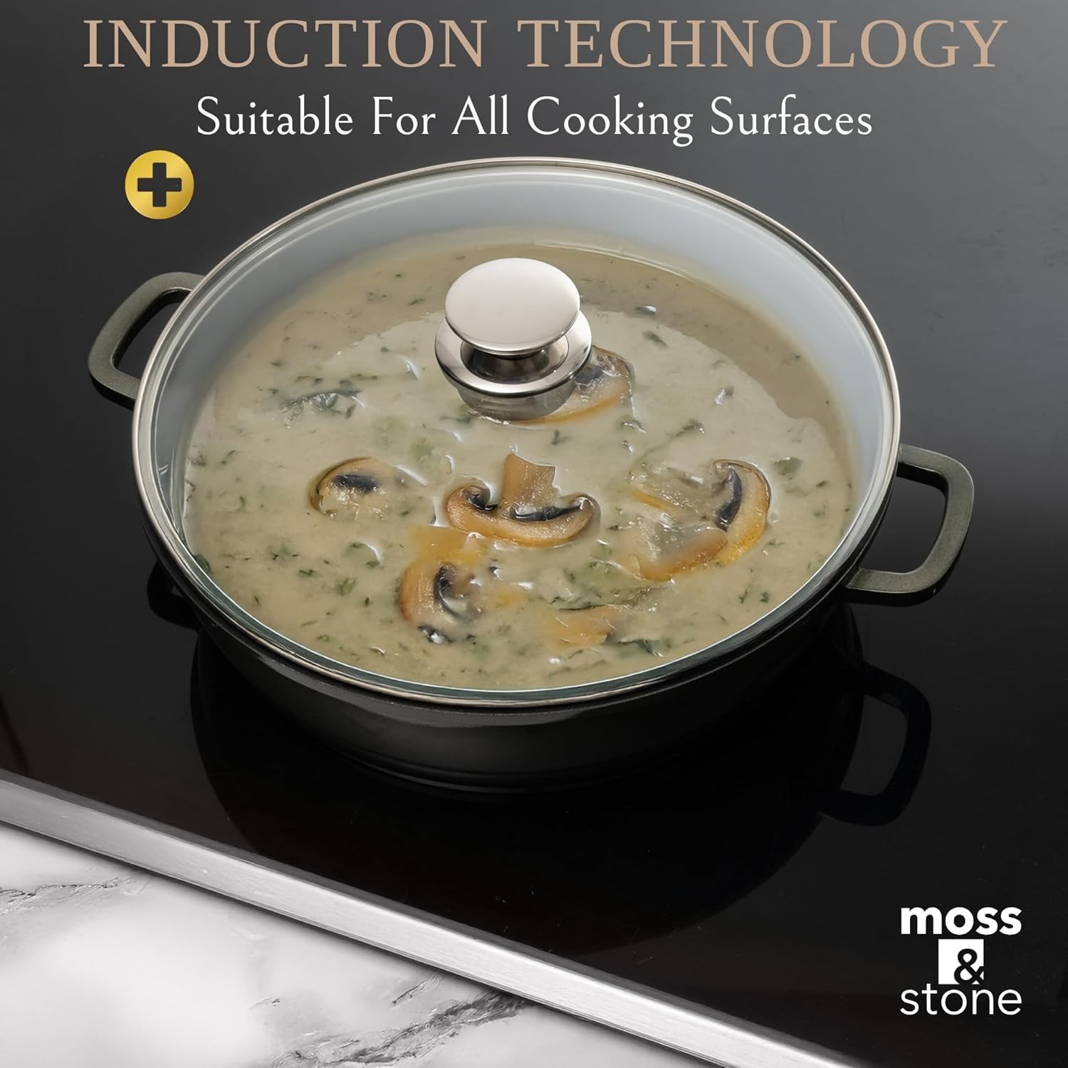 Moss & Stone 12 Inch Nonstick Large Skillet with Lid, 5 Quart Deep Saute Pan, Di