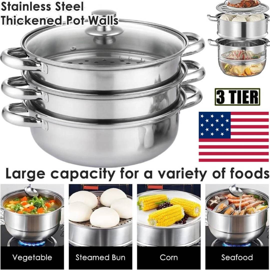 3 Tier Food Steamer with Lid Steamer Stainless Steel for Vegetables Seafood Soup