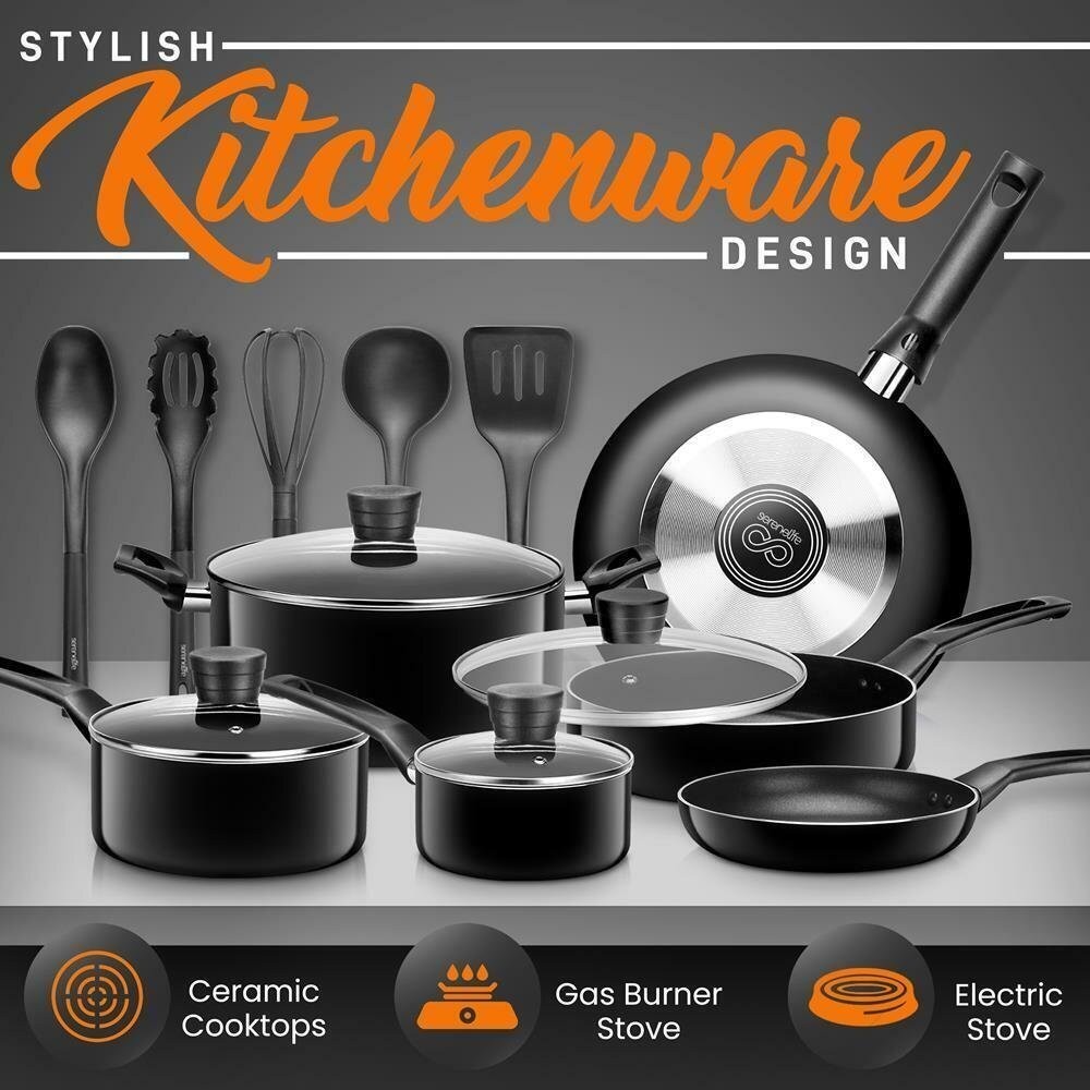 SereneLife Kitchenware Pots & Pans Set- Non-Stick Inside, Heat Resistant (15Pcs)