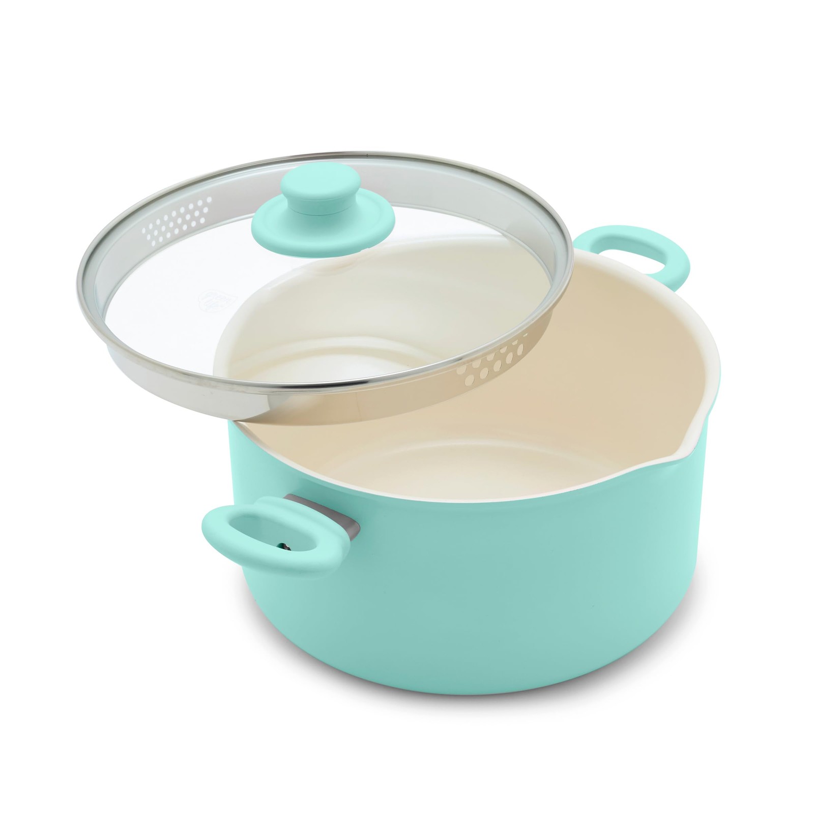 STOCK POT Ceramic Nonstick with Glass Straining Lid Turquoise 6-Quart GREENLIFE