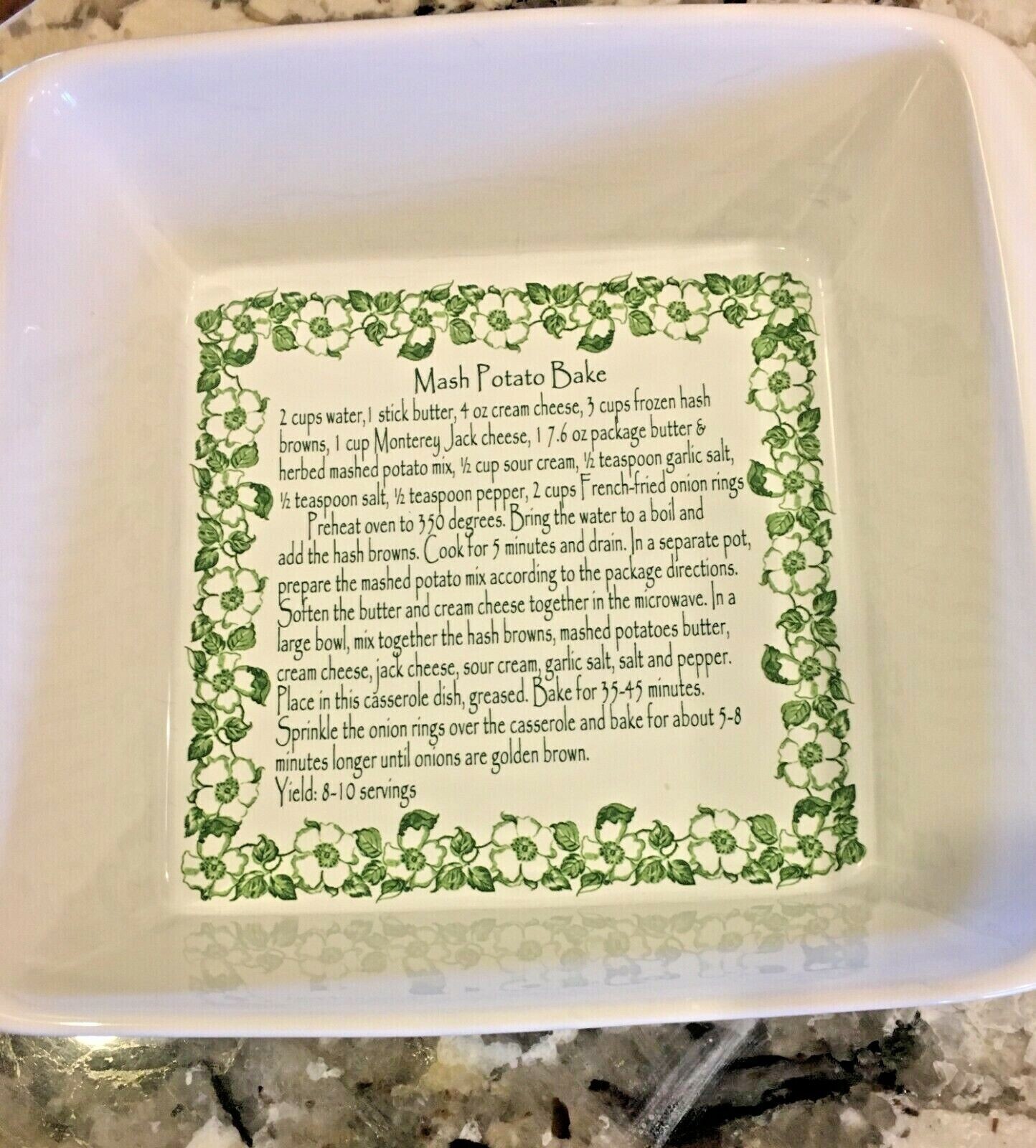 Paula Deen 1.5 Qt Recipe Baking Dish Mash Potato Bake White Green Floral Retired