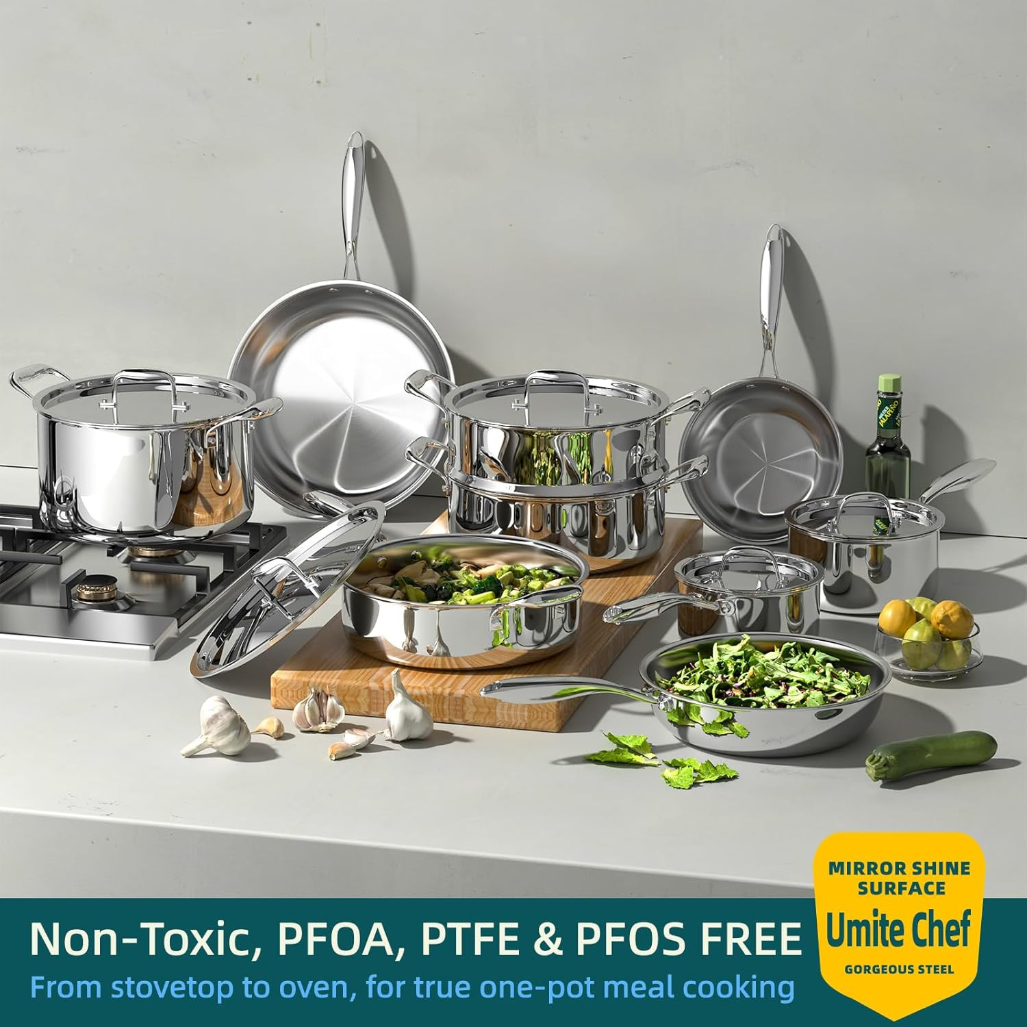 Stainless Steel Cookware Set, 5 Ply 14 Piece Stainless Steel Pot and Pan Set-Ind