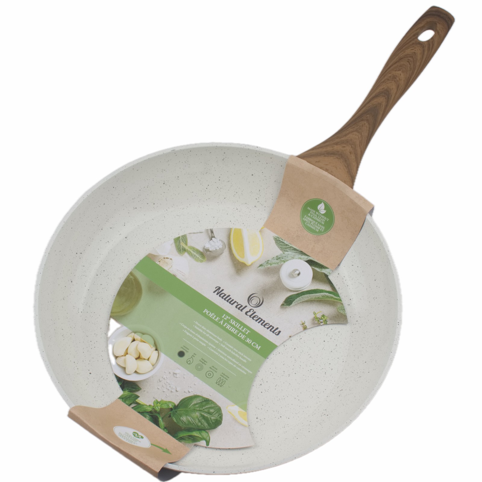 Natural Elements Woodstone 12″ Skillet Non Stick Frying Pan Farmhouse White