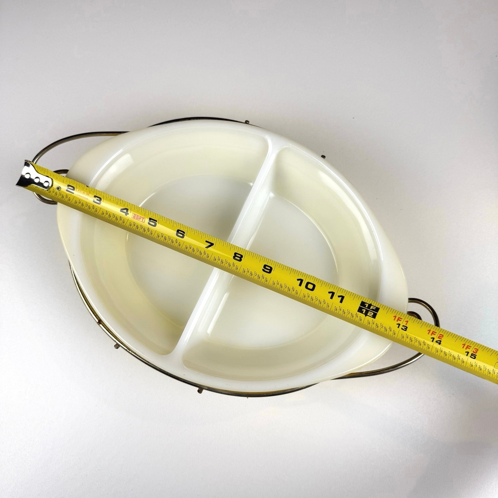 Vintage Glasbake yellow wheat divided casserole dish metal cradle 1960s
