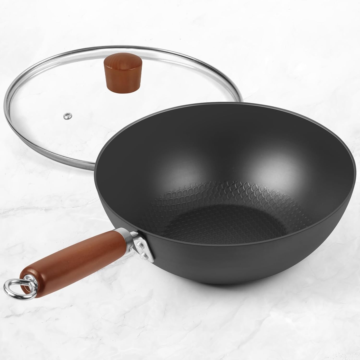Carbon Steel Wok Pan, 9.5″ Authentic Chinese Stir-Fry Pans Set with Glass