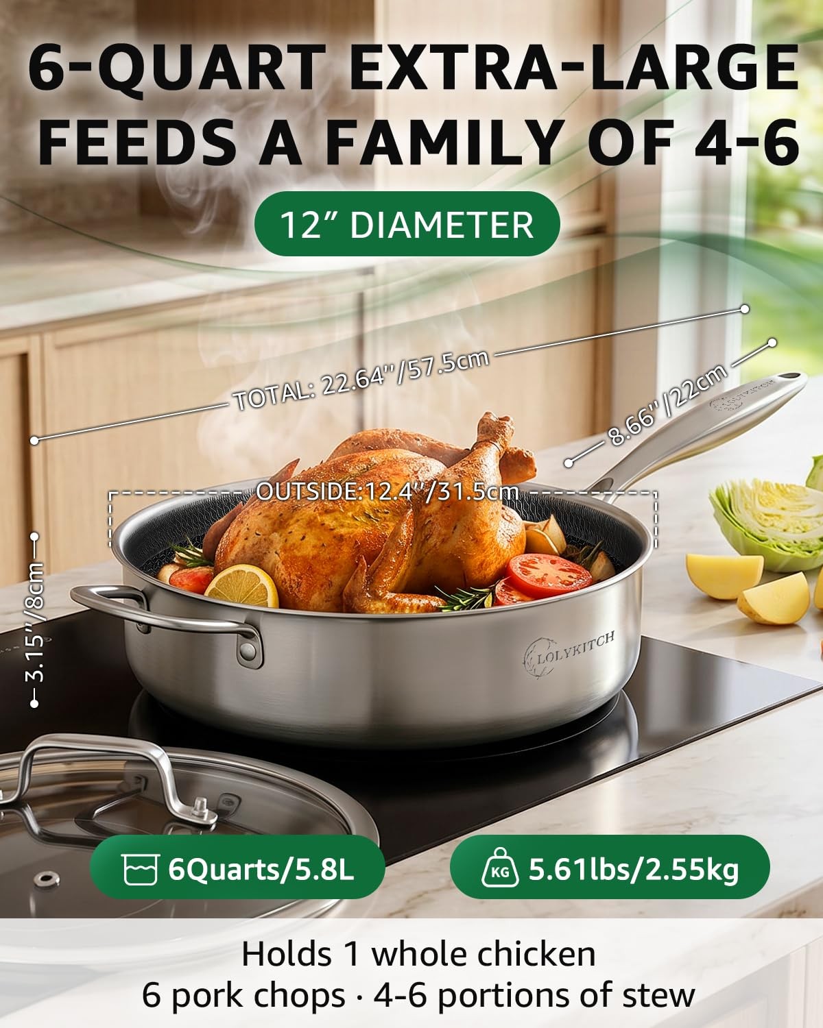 LOLYKITCH 6 QT Large Skillet with Lid, 12 Inch Nonstick Deep Frying Pan