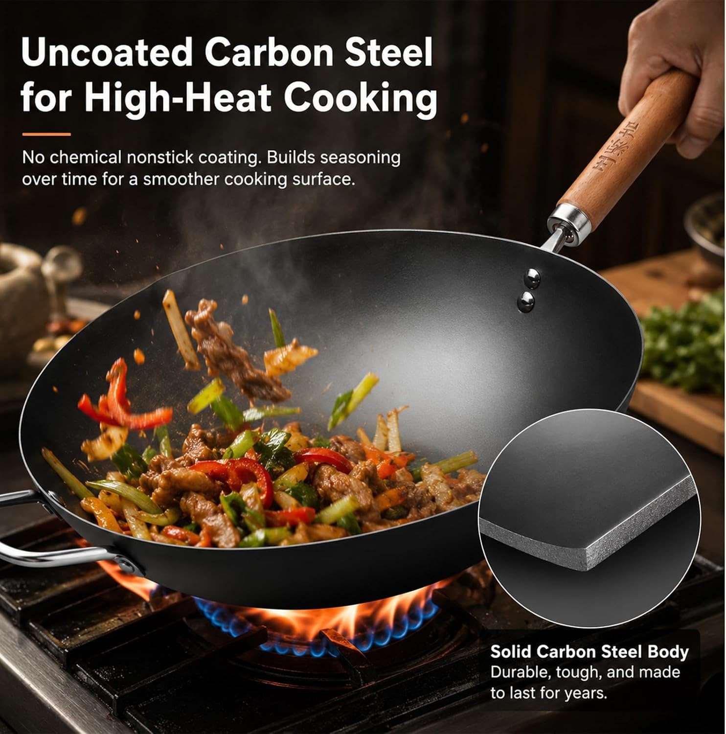 Carbon Steel Wok with Lid, 12.6 Inch Flat Bottom Wok Pan, Uncoated Stir Fry Pan