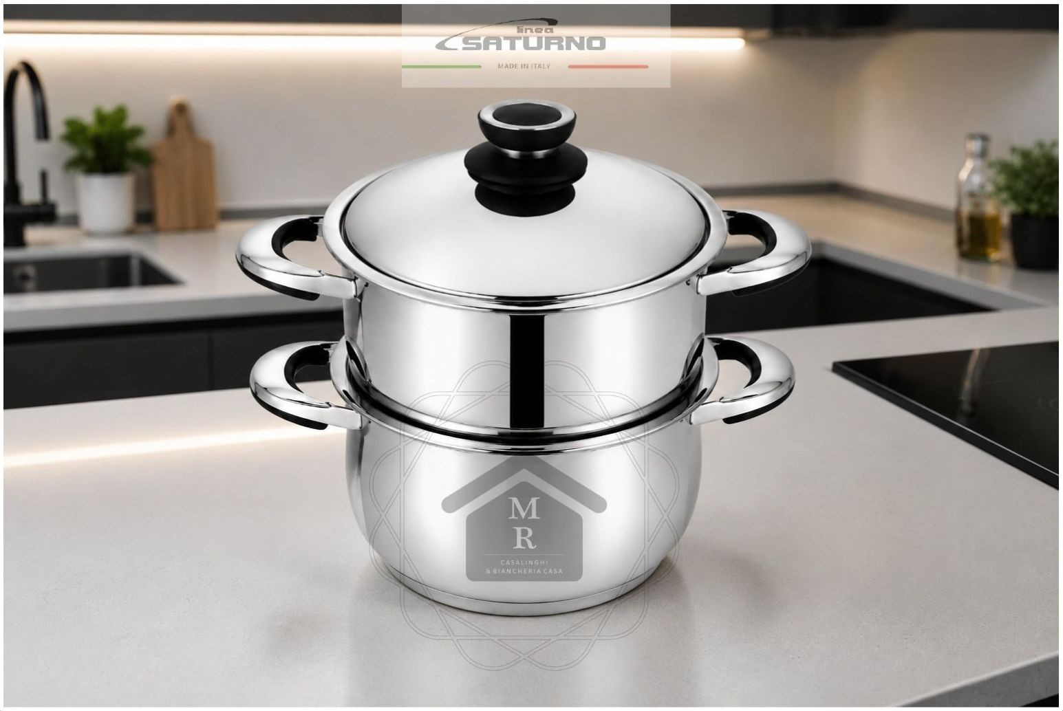 Saturn 3 Piece Bombed Steamer Set Ø 24 cm. Stainless Steel 18/10 O. Prandelli