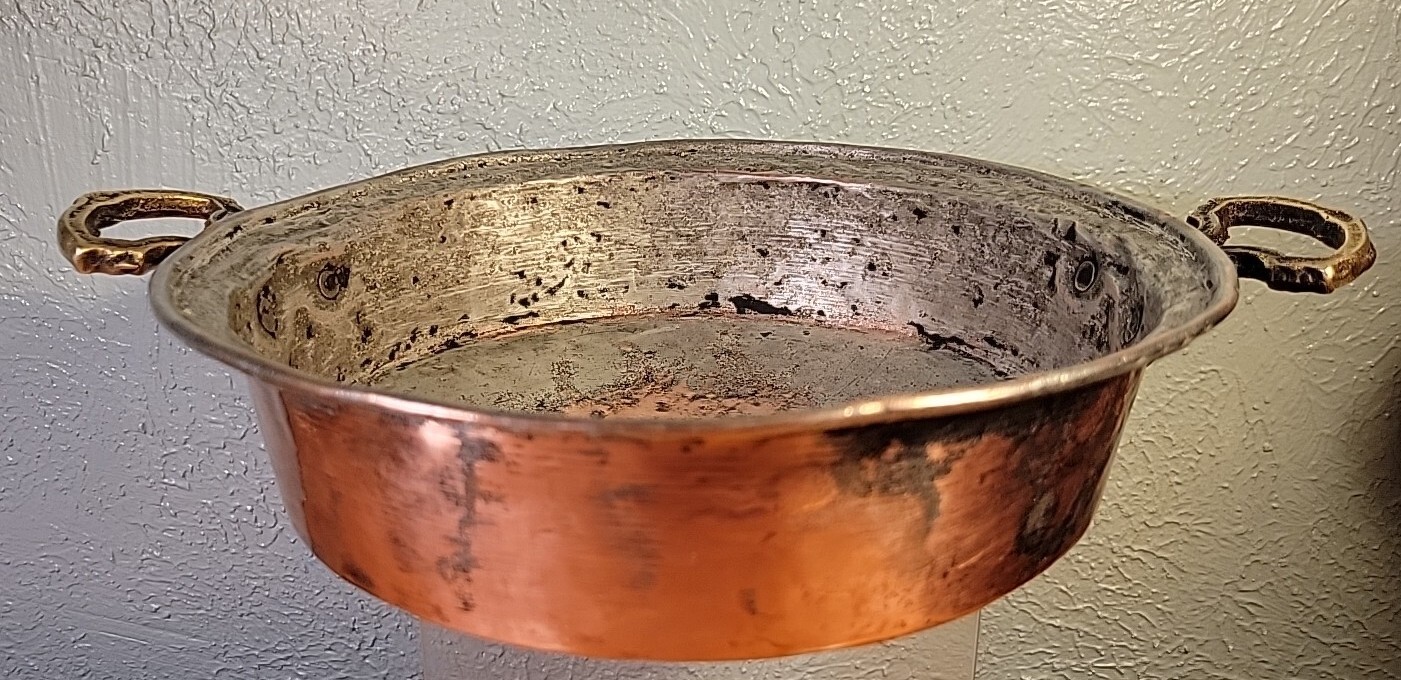 Antique French Copper Saucepan Brass Handles Tin Lined 19th century 10.5″ Diam.