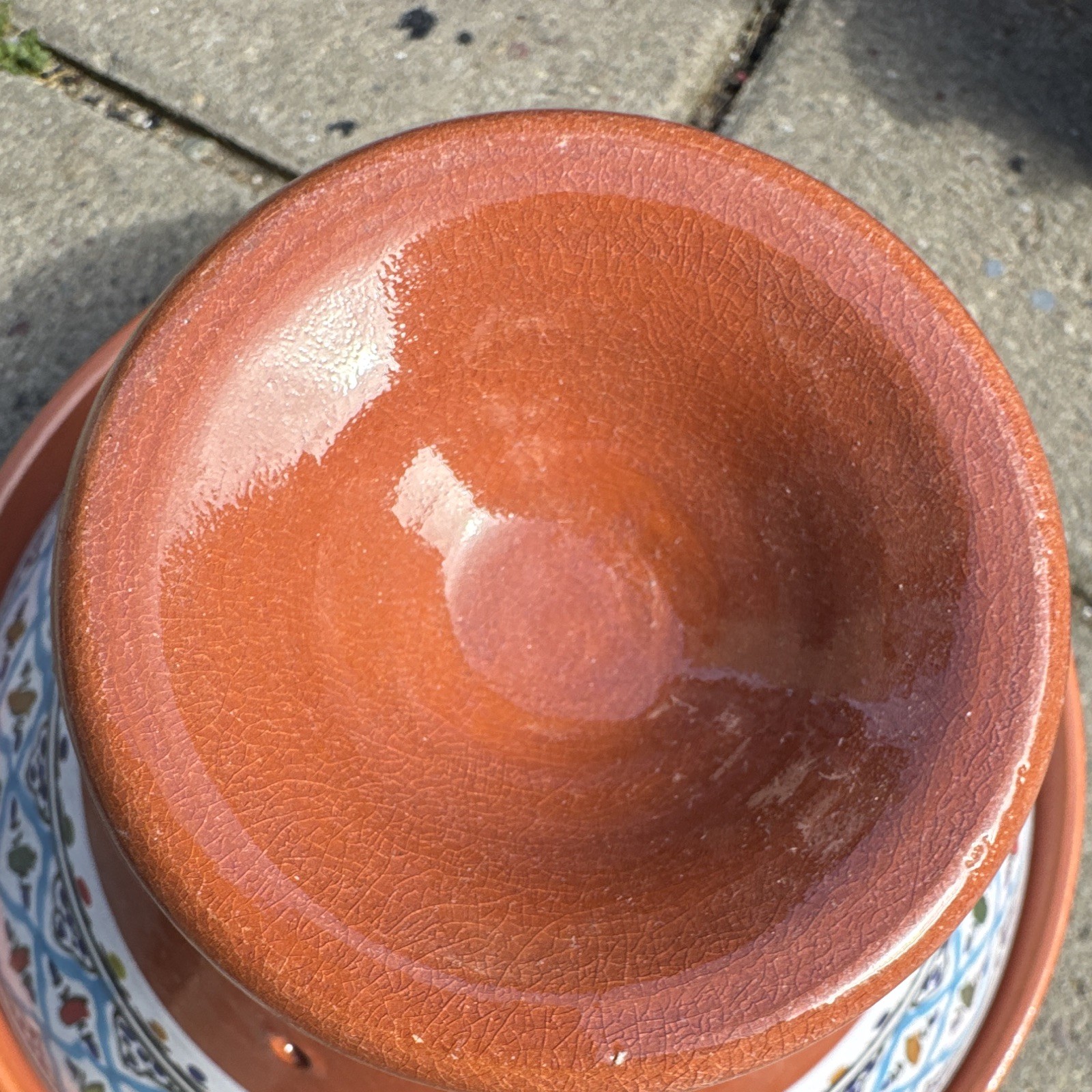 Terracotta Ceramic Tagine w/ Conical Lid Hand-Painted Blue White Multicolor