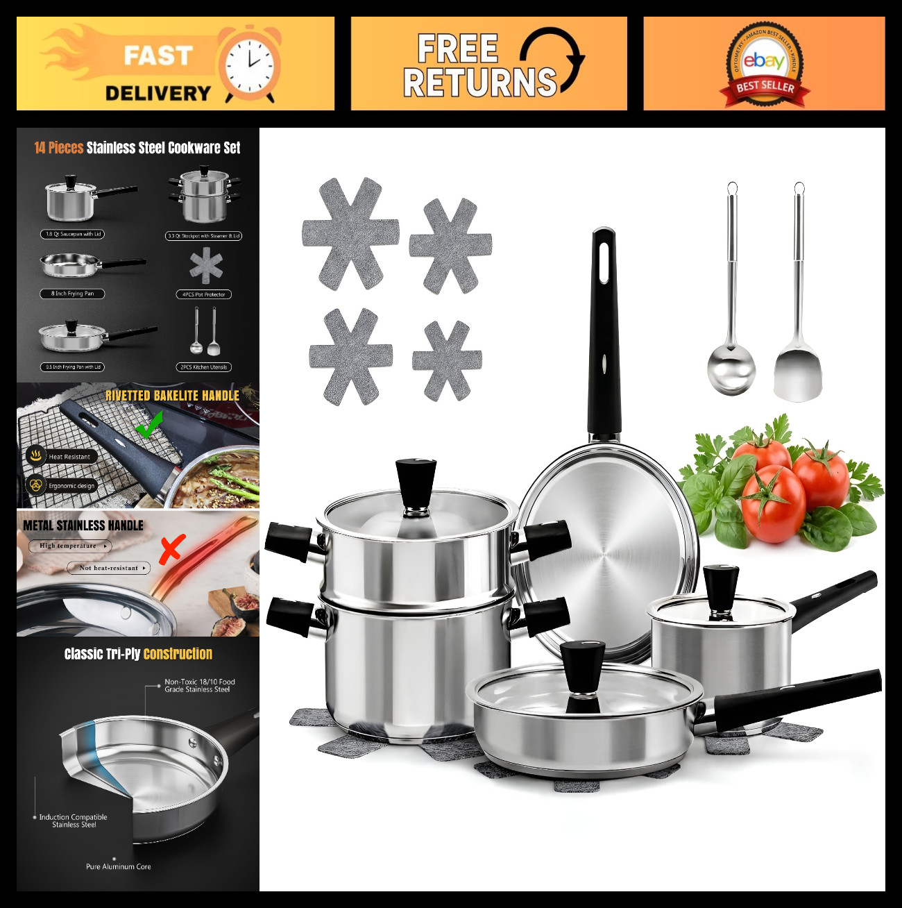 14-Piece Stainless Steel Cookware Set for Induction – Non-Toxic Pots, Glass Lids