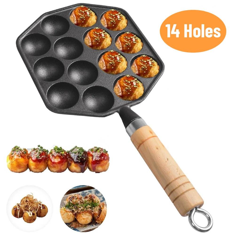 14 Holes Cast Iron Takoyaki Pan Octopus Maker Griddle with Detachable Handle