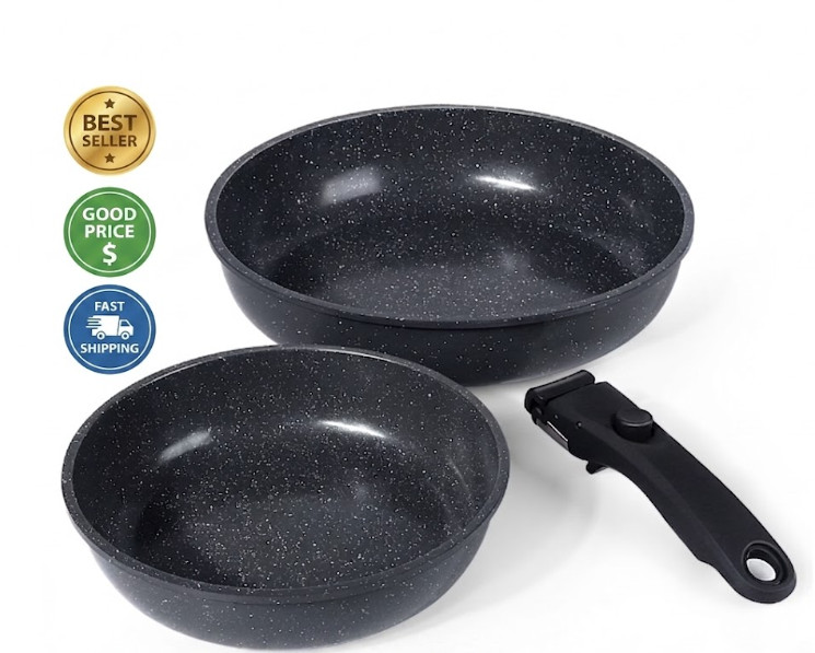 3pc Ceramic Nonstick Frying Pan Set Detachable Handle Oven Safe Induction