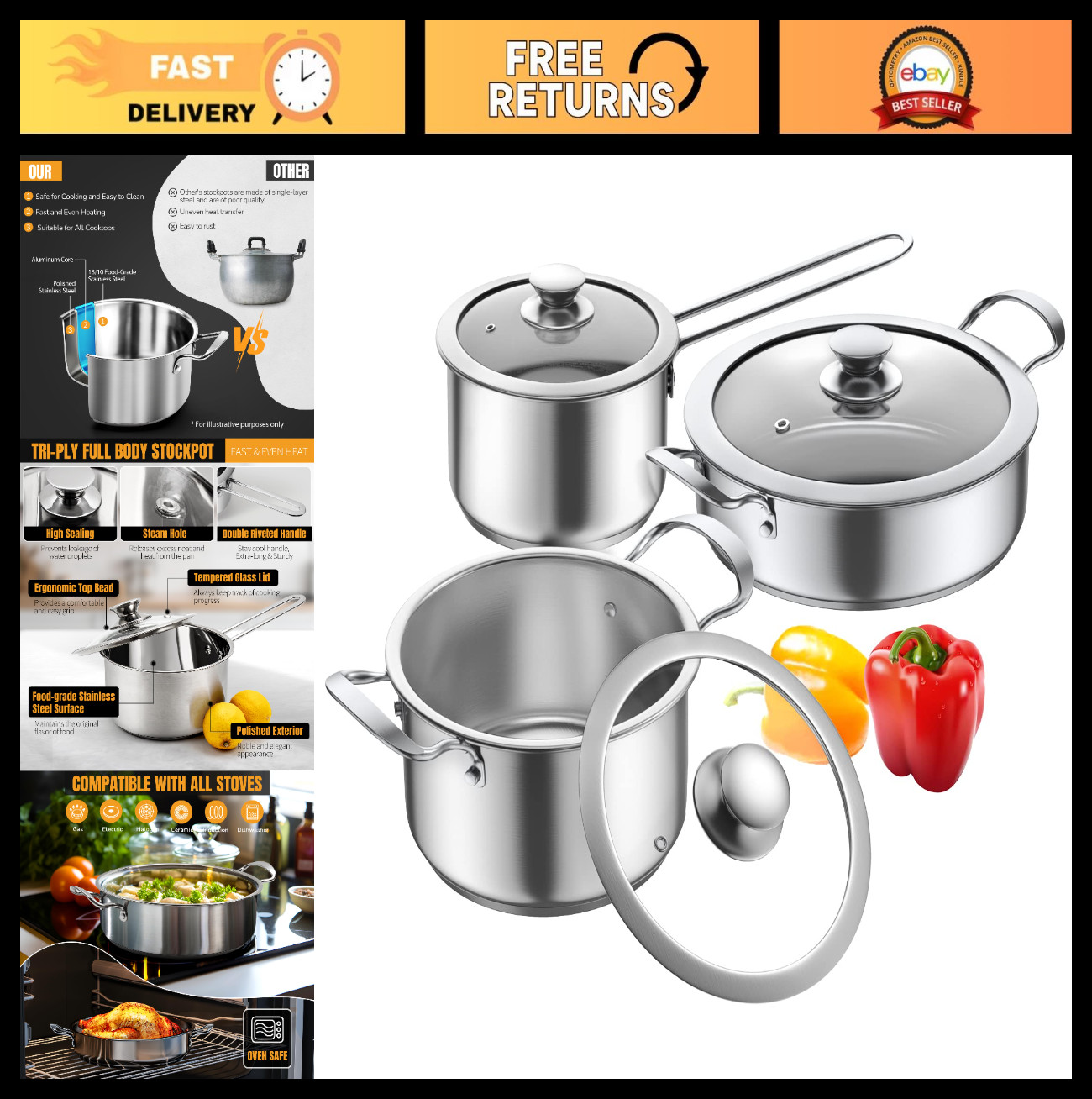 6 PCS Stainless Steel Nonstick Cookware Set – Induction, Electric & Gas Safe, Di