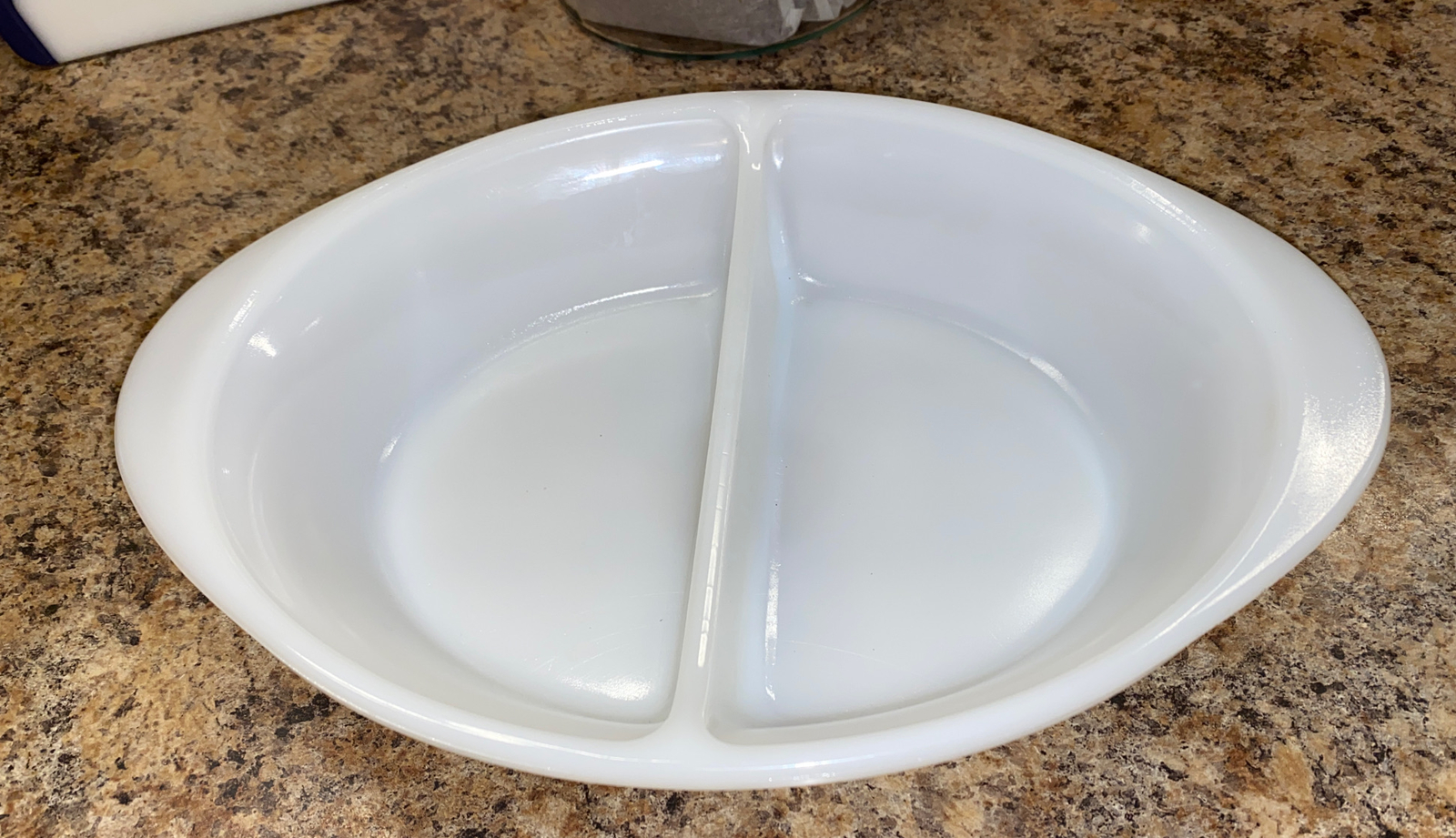 Glasbake Vintage 1960s Serving Dish White Glass Divided Oval Casserole J239