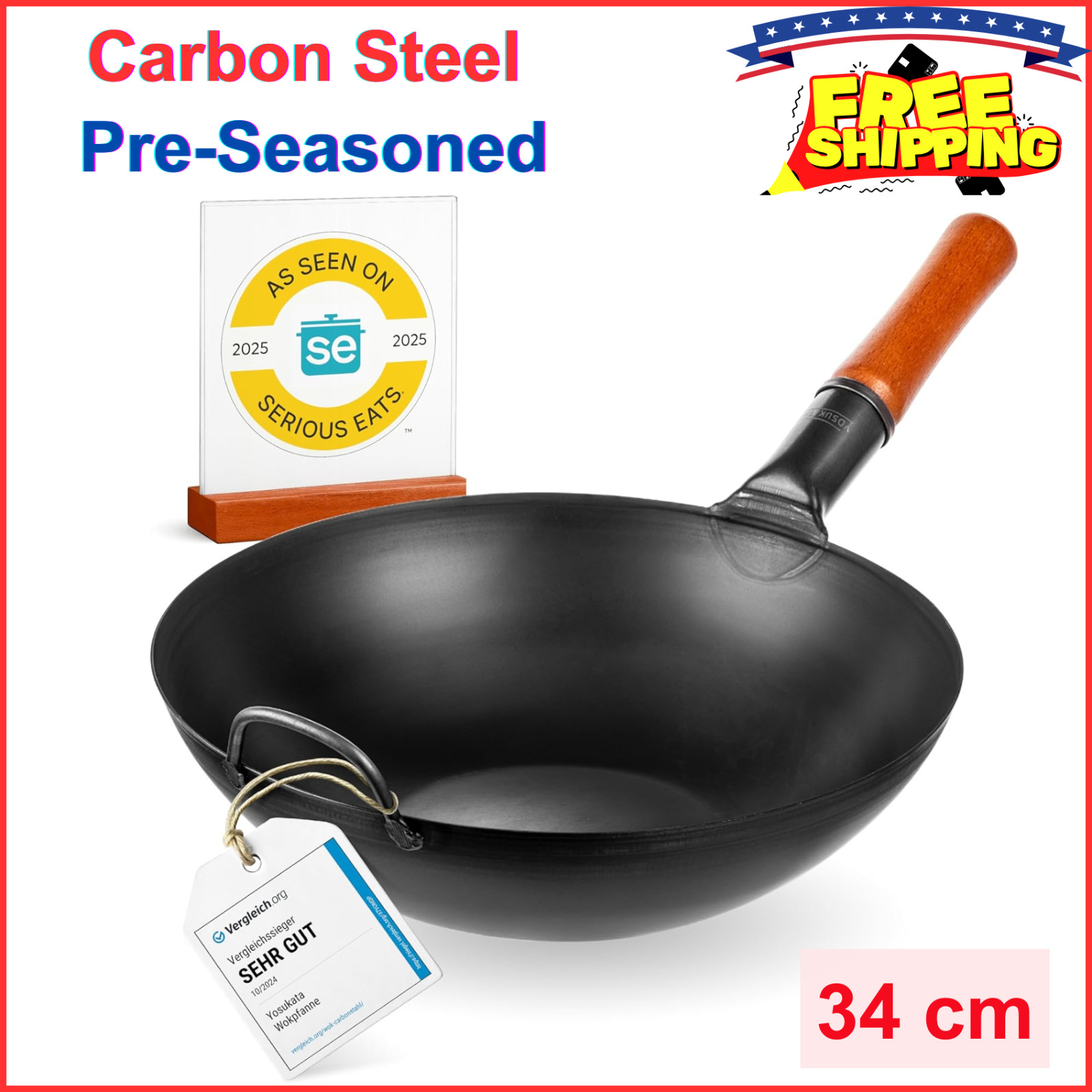 YOSUKATA Carbon Steel Wok Pan 13.5″ PreSeasoned Flat Bottom Pow Wok For Stir Fry