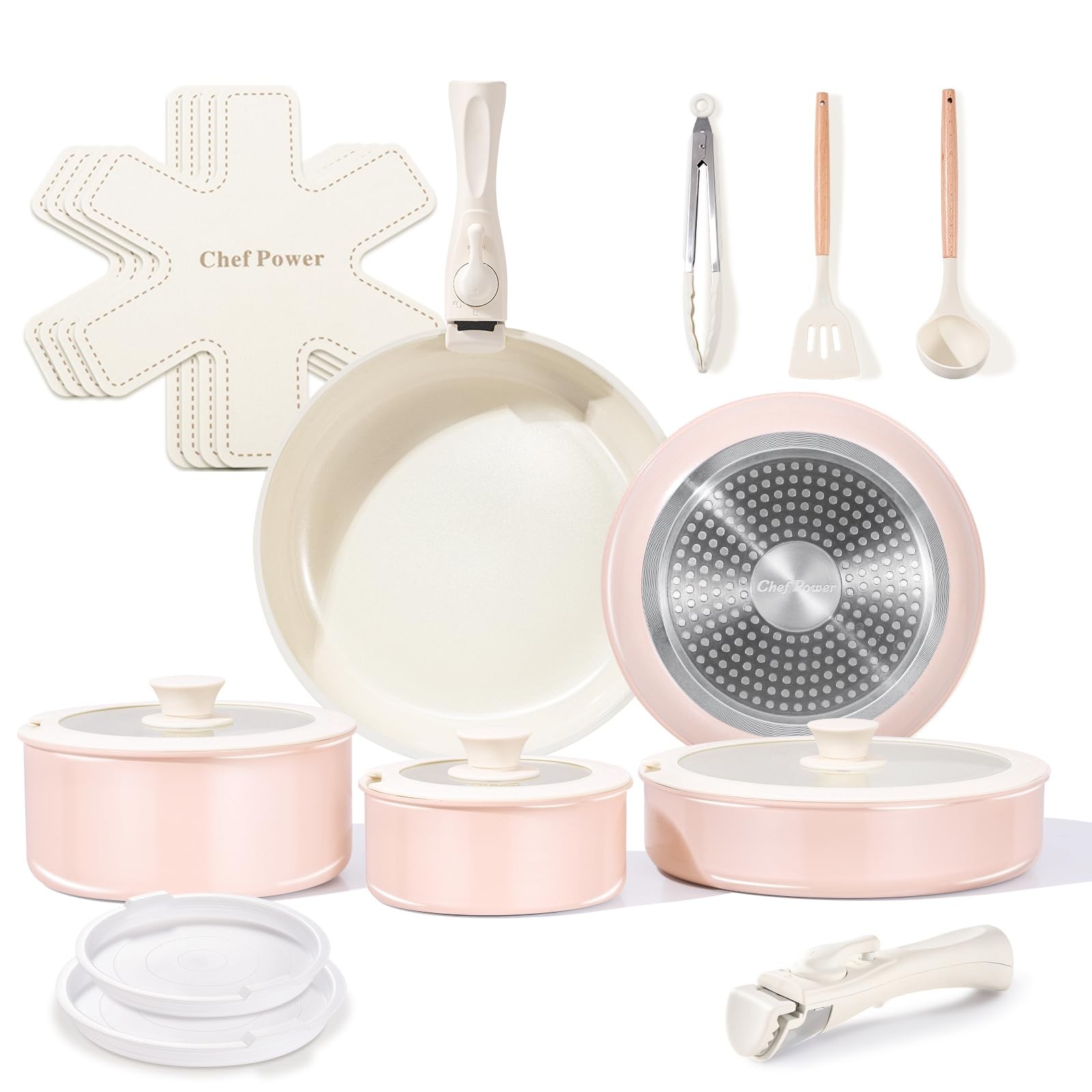 Ceramic Nonstick Pots and Pans Set 19 Piece with Detachable Handle, Induction…