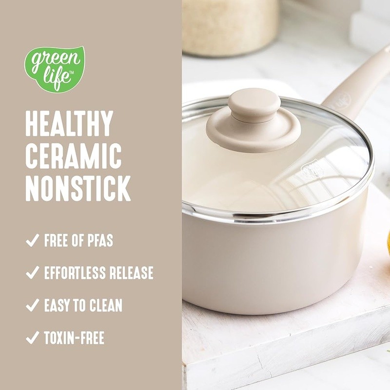 Healthy Ceramic Nonstick Cookware Set W/ Glass Lids & Stay-Cool Handles New