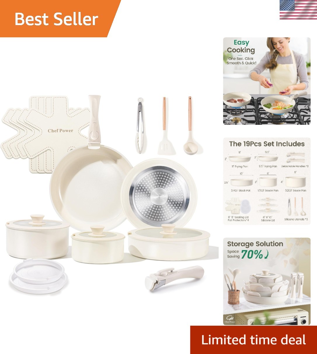 Ceramic Cookware Set Non Toxic with Detachable Handles, Healthy Nonstick Pans…