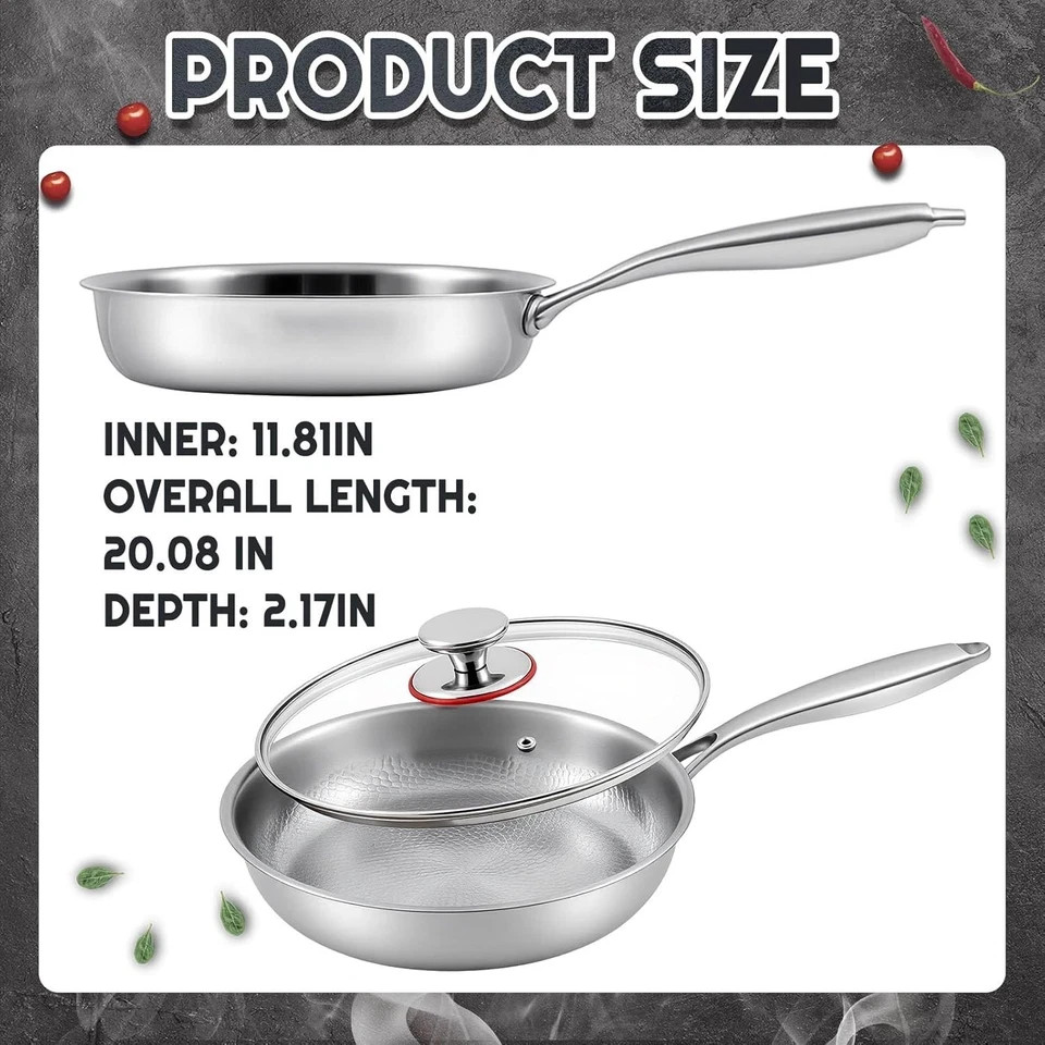 Pure Titanium Hammered Frying Pan with Lid, 11 Inch Skillet, No Coating Cookw…