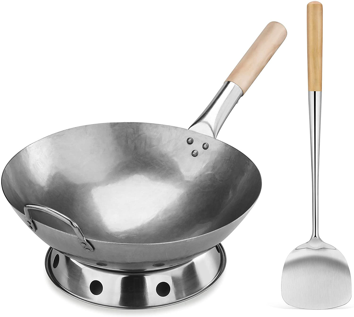 Hand Hammered 14″ Carbon Steel Wok Set with Helper Handle & Spatula Included