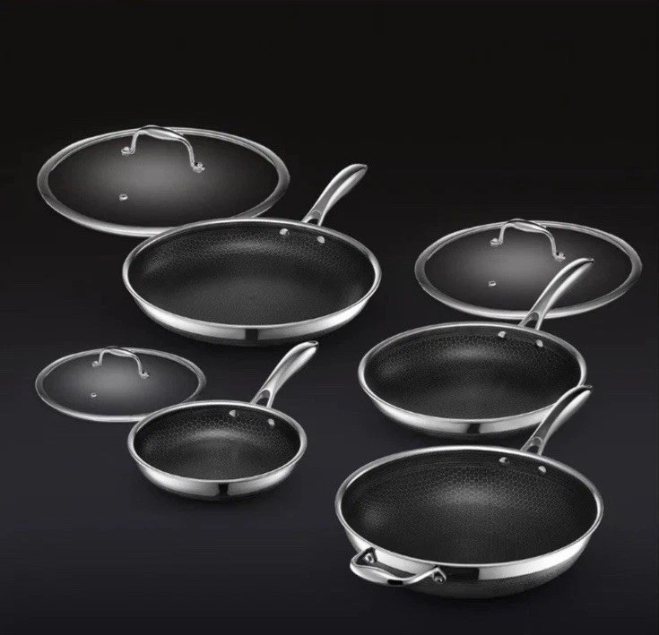 HexClad Hybrid Nonstick 7-Piece Cookware Set Compatible w/All Cooktops Read Desc