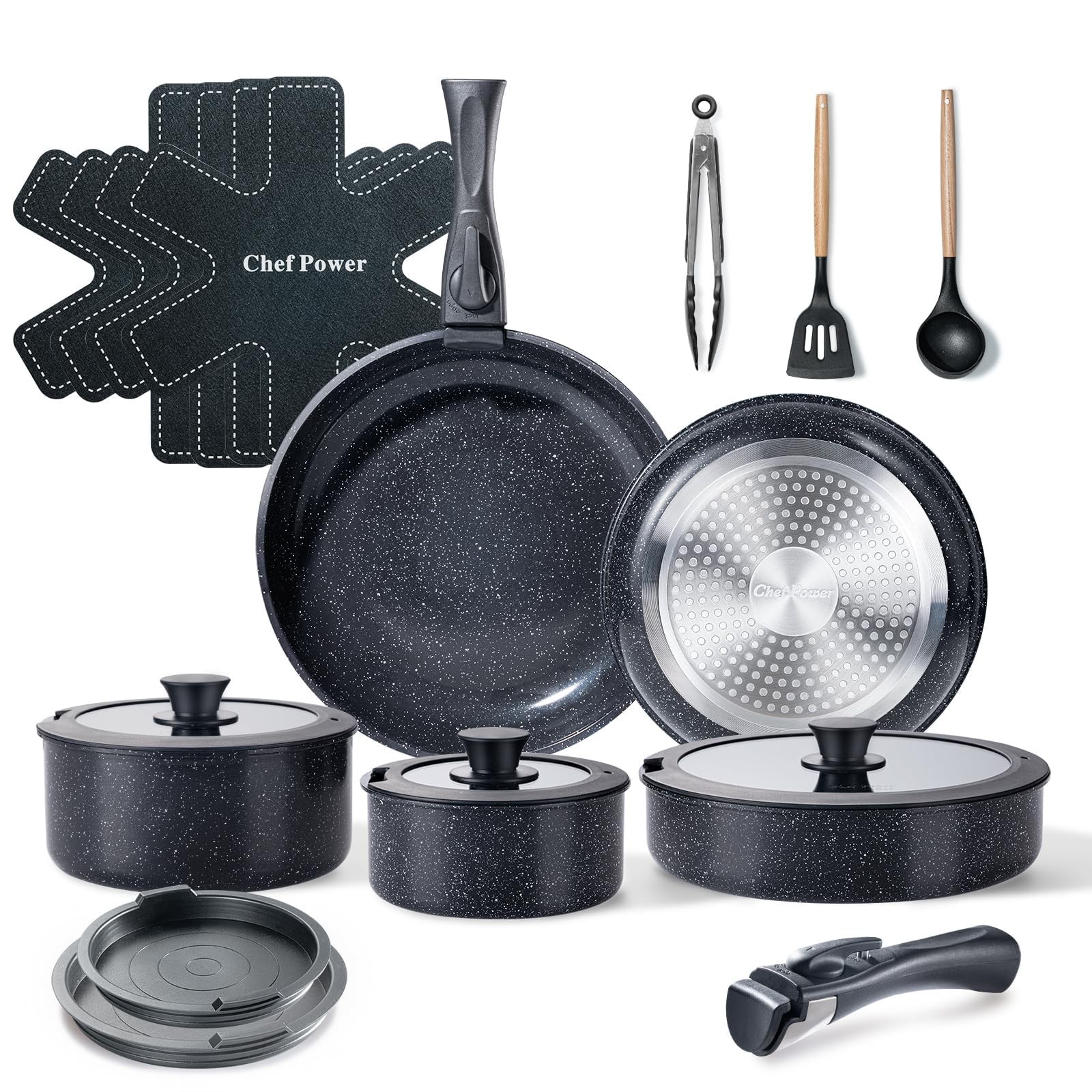 Ceramic Nonstick Cookware Set 19 Piece with Detachable Handle, Induction Dishwas
